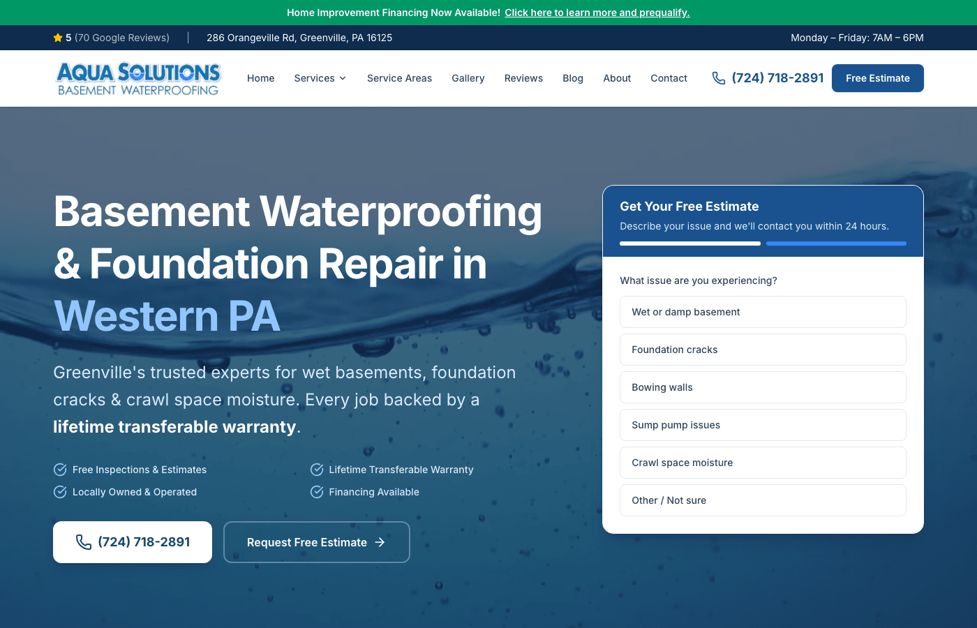 Aqua Solutions homepage built by PA Digital Studio