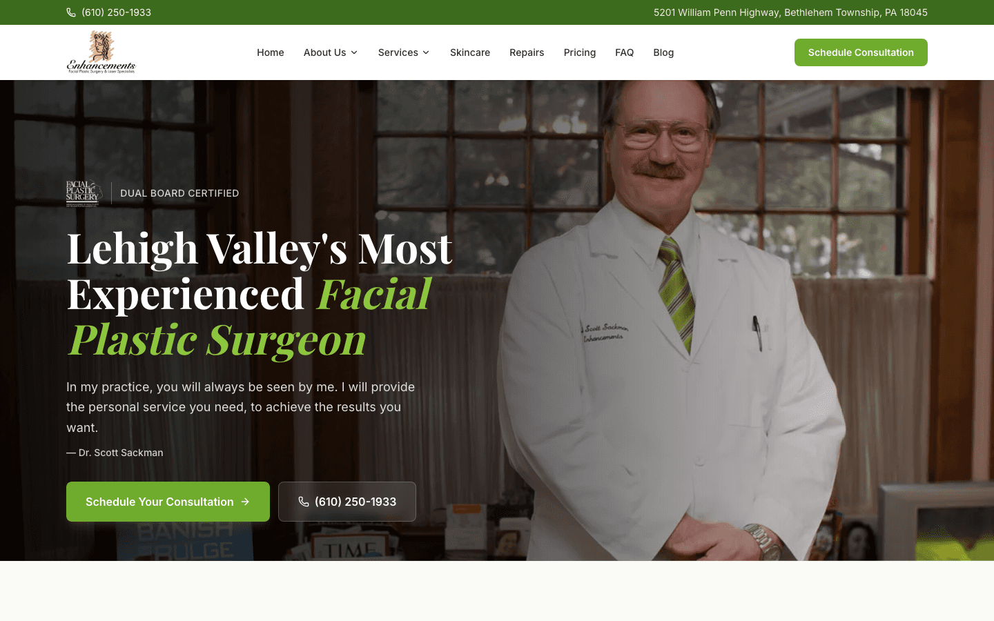 Enhancements Facial Plastic Surgery website